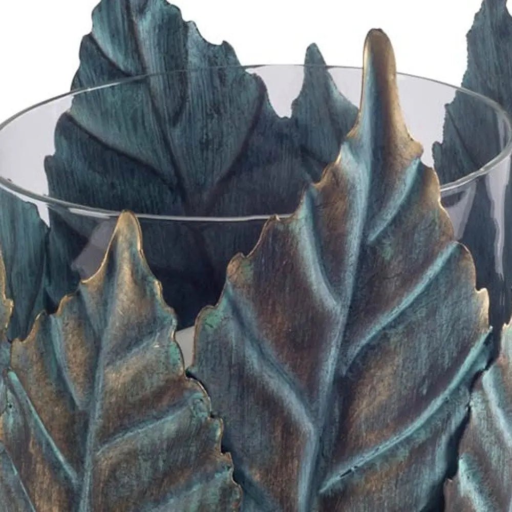 8" Gold Distressed Botanical Leaf Metal And Glass Tabletop Hurricane Candle Holder HomeRoots