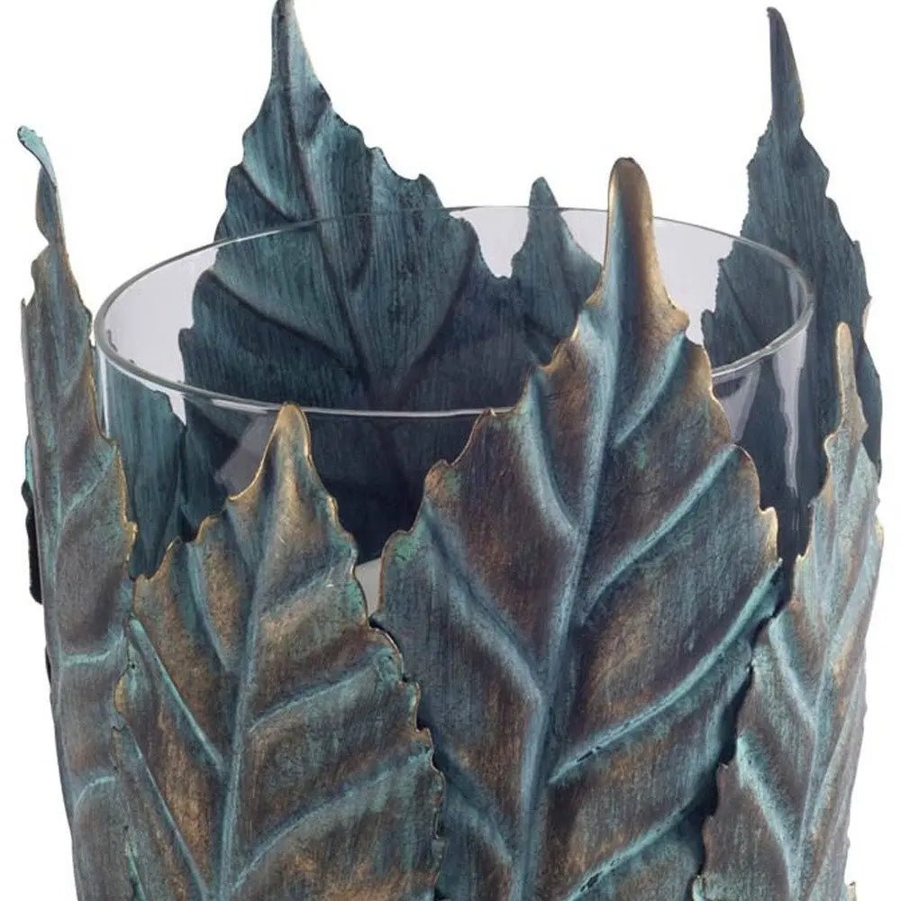8" Gold Distressed Botanical Leaf Metal And Glass Tabletop Hurricane Candle Holder HomeRoots
