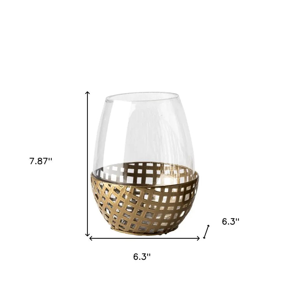 8" Gold Woven Metal And Glass Tabletop Hurricane Candle Holder HomeRoots