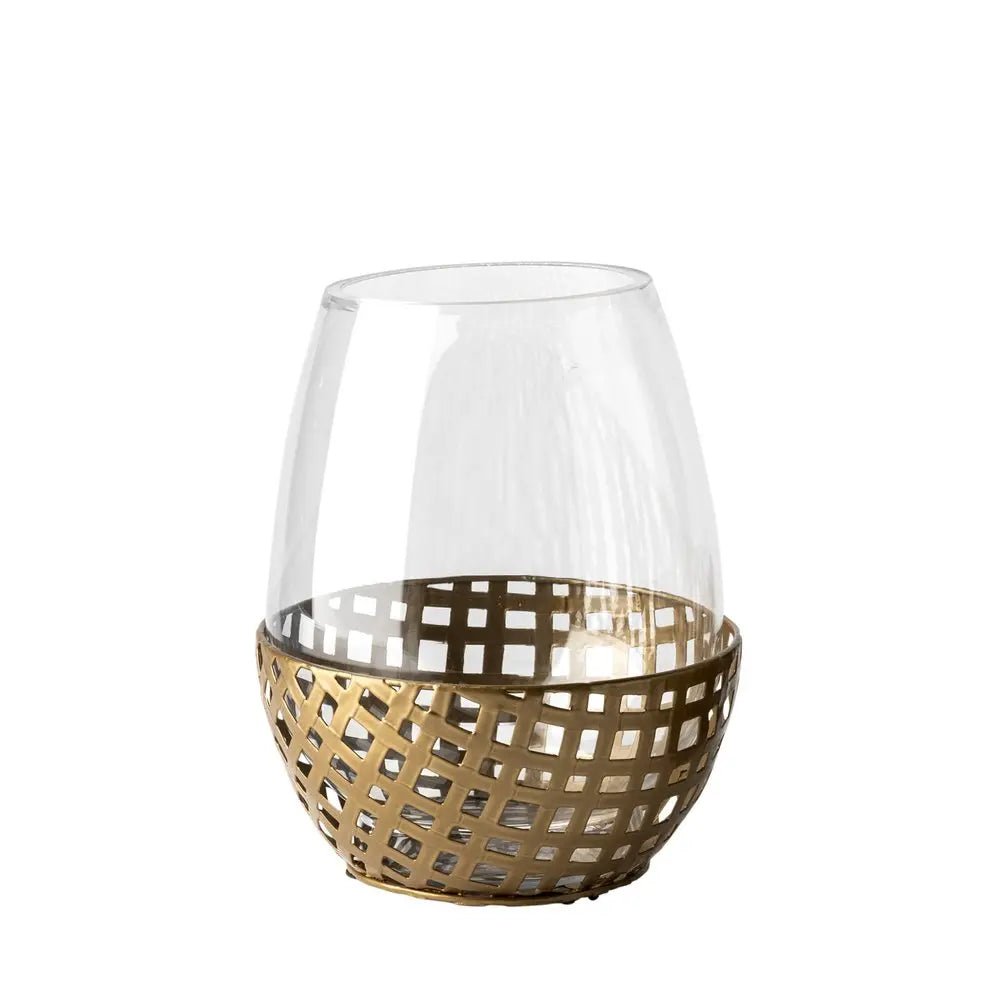 8" Gold Woven Metal And Glass Tabletop Hurricane Candle Holder HomeRoots