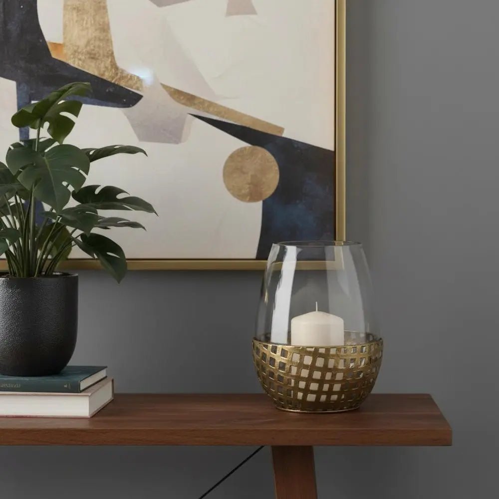 8" Gold Woven Metal And Glass Tabletop Hurricane Candle Holder HomeRoots