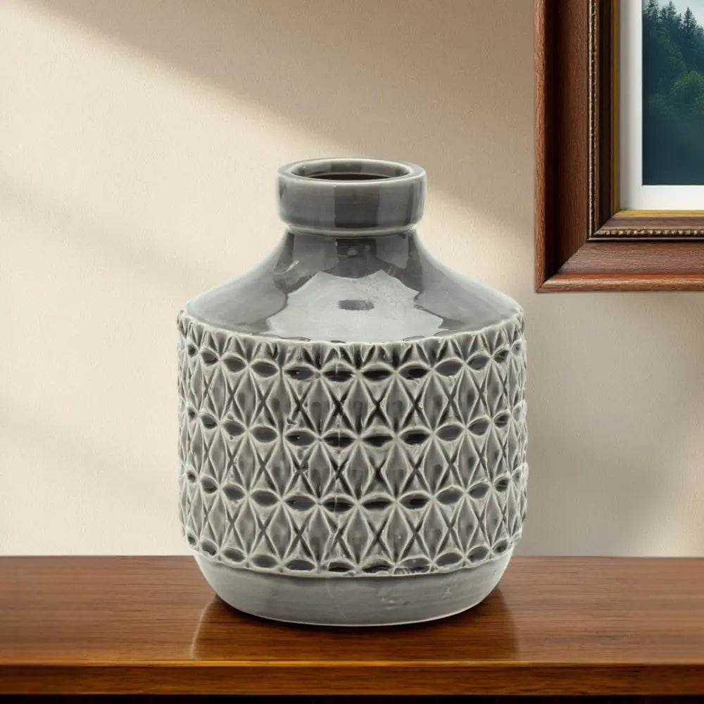 8" Gray Geometric Bud Terracotta Table Vase - NOBLE HOME INTERIORS
