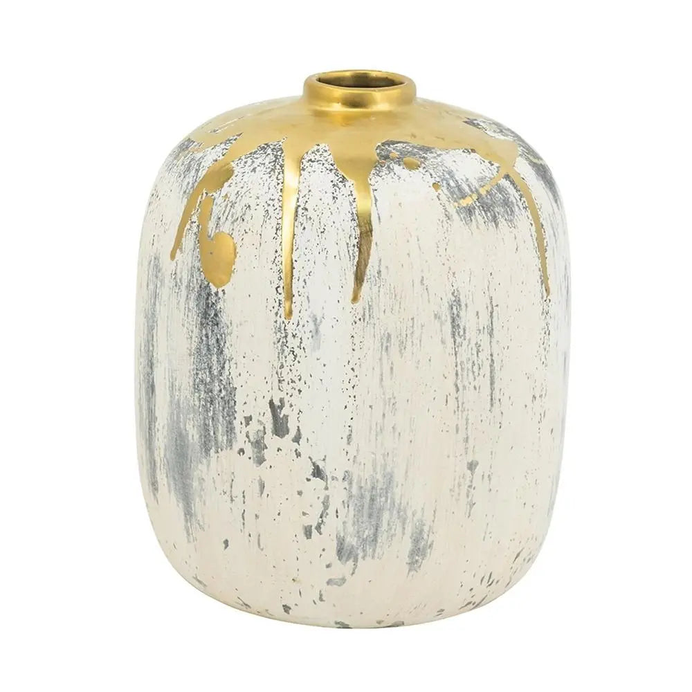 8" Gray Ivory And Gold Modern Abstract Ceramic Table Vase - NOBLE HOME INTERIORS