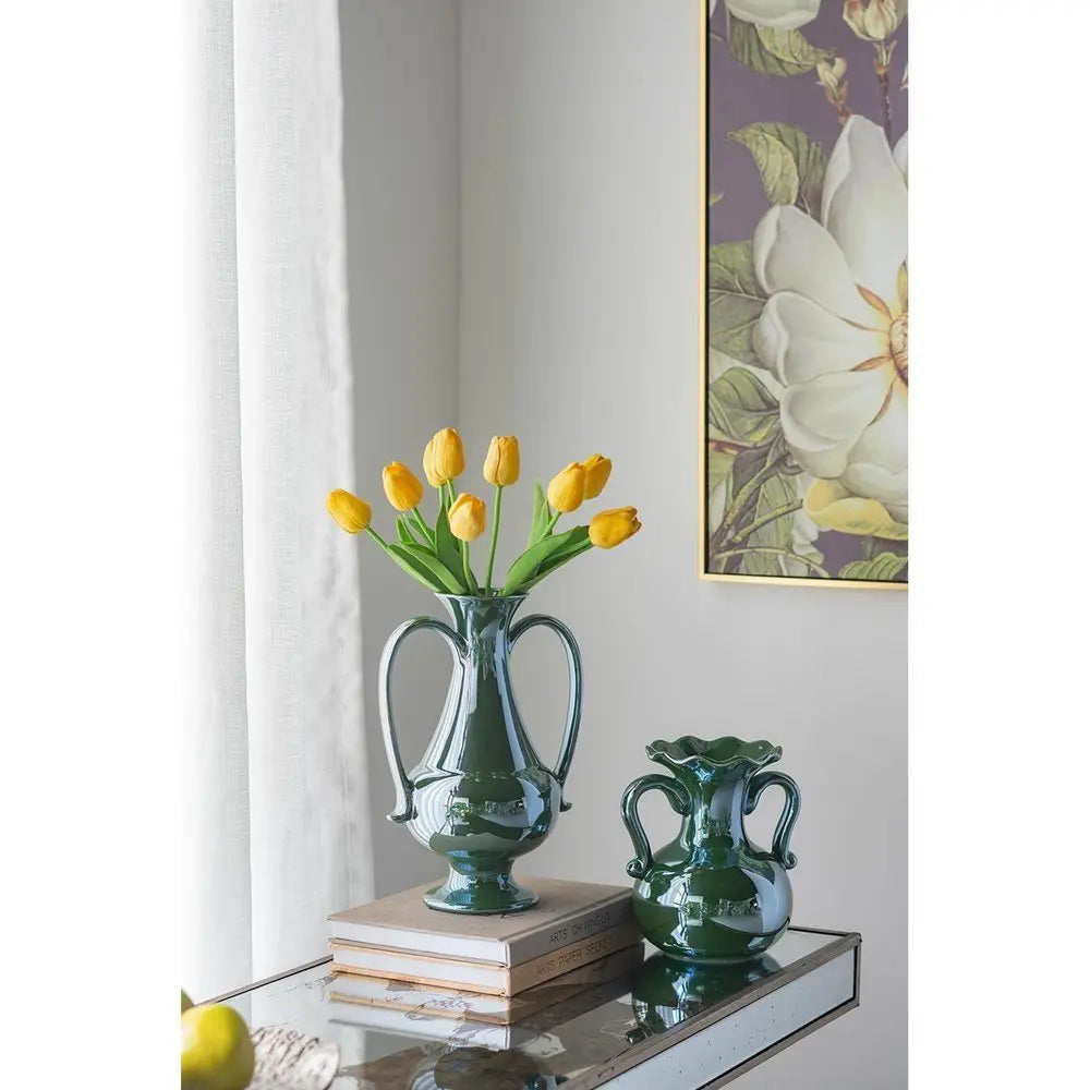 8" Hunter Green Amphora Ceramic Table Vase With Does Not Apply - NOBLE HOME INTERIORS