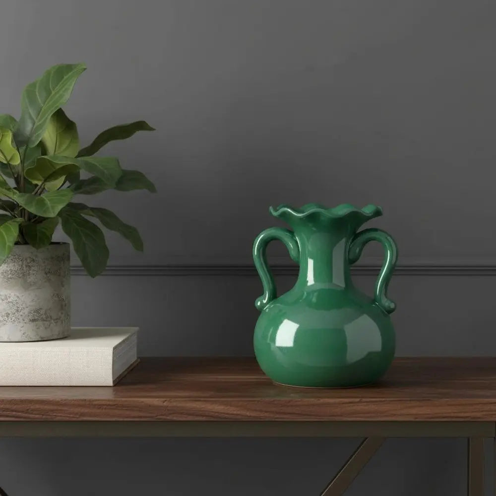 8" Hunter Green Amphora Ceramic Table Vase With Does Not Apply - NOBLE HOME INTERIORS