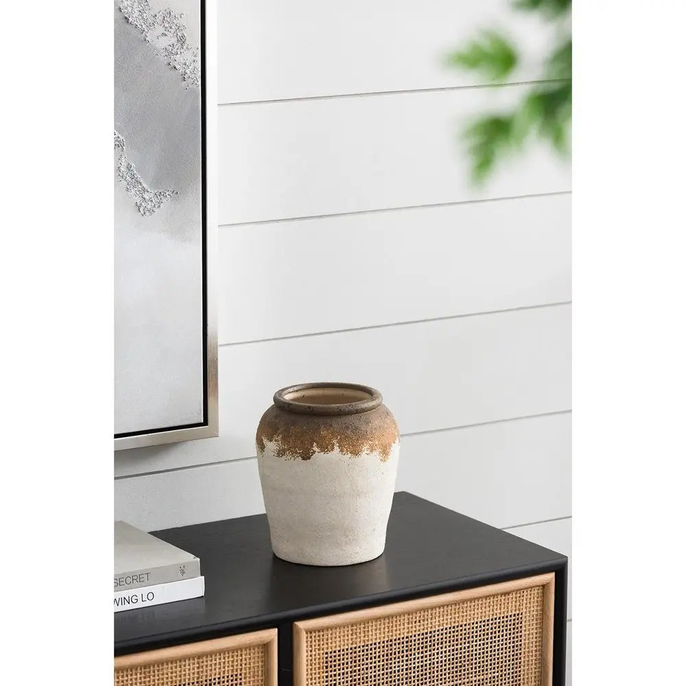 8" Ivory and Brown Ceramic Round Jug Vase - NOBLE HOME INTERIORS