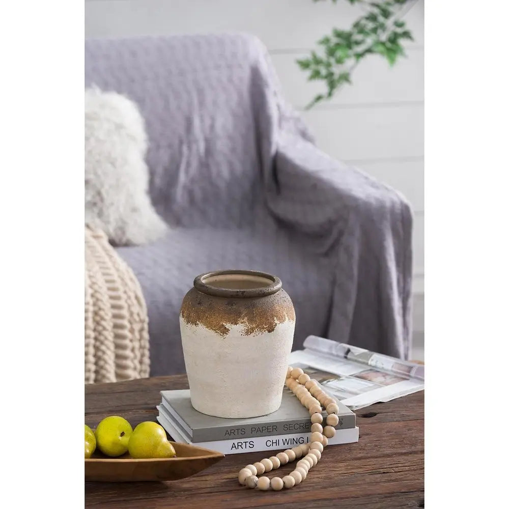 8" Ivory and Brown Ceramic Round Jug Vase - NOBLE HOME INTERIORS