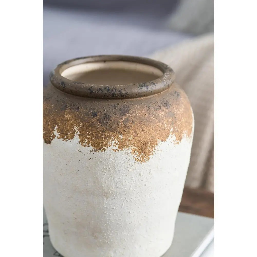 8" Ivory and Brown Ceramic Round Jug Vase - NOBLE HOME INTERIORS