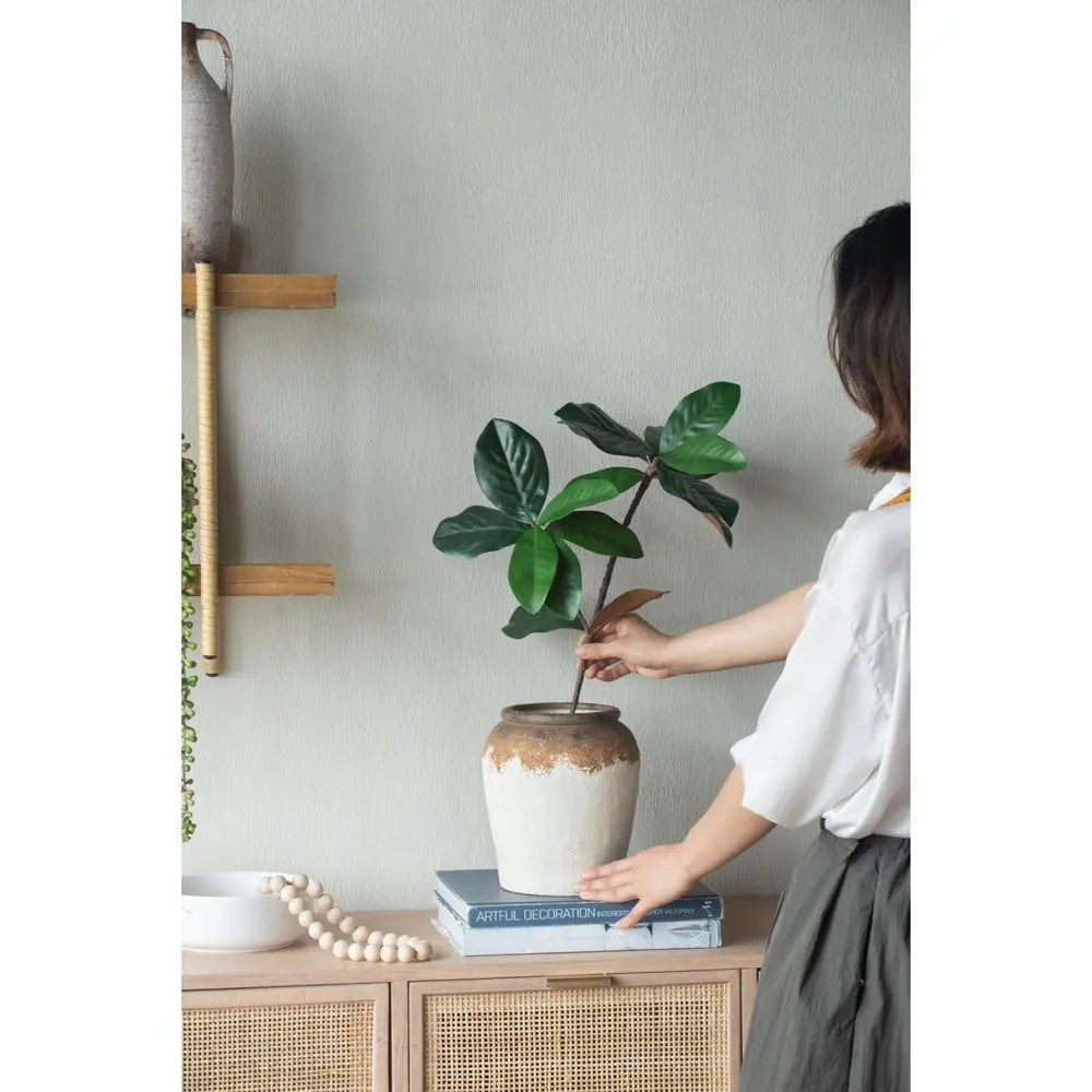 8" Ivory and Brown Ceramic Round Jug Vase - NOBLE HOME INTERIORS