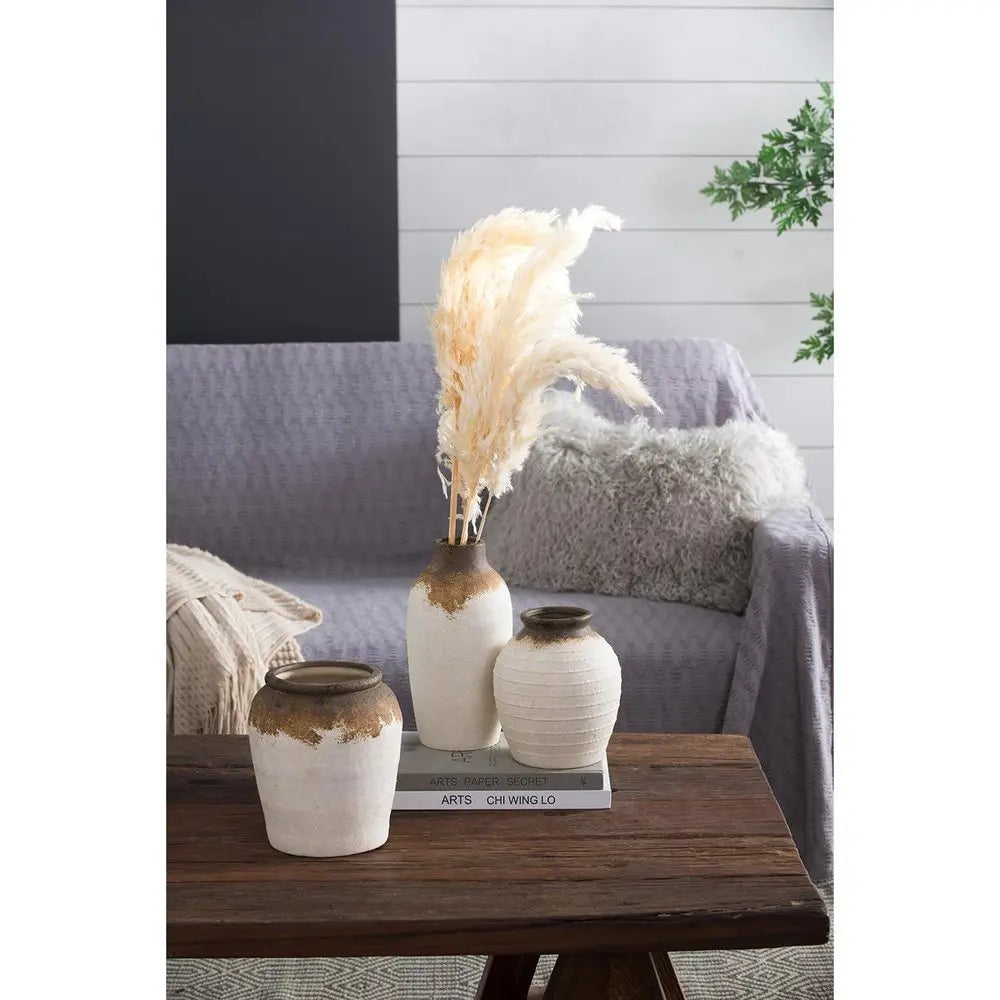 8" Ivory and Brown Ceramic Round Jug Vase - NOBLE HOME INTERIORS