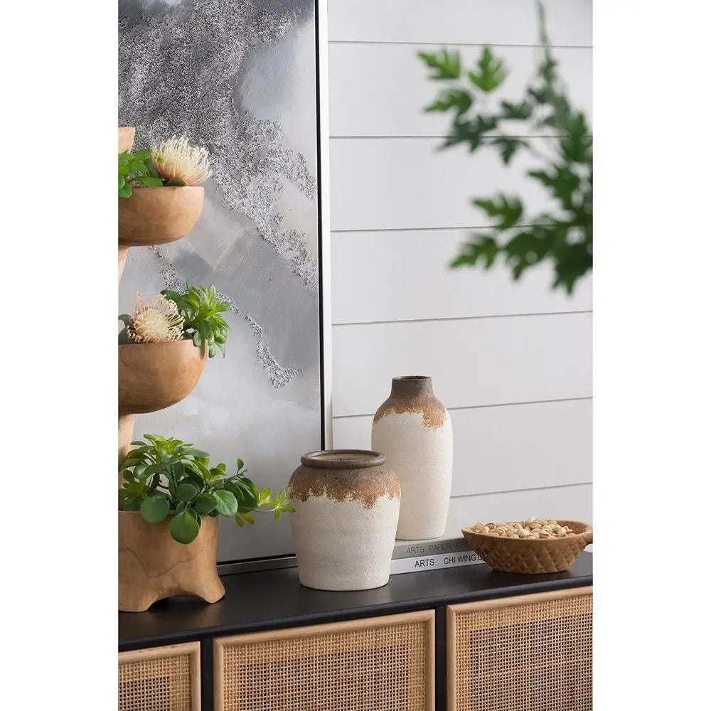 8" Ivory and Brown Ceramic Round Jug Vase - NOBLE HOME INTERIORS