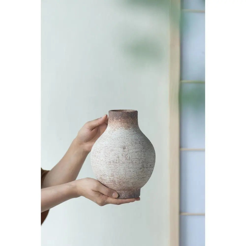 8" Ivory And Brown Round Ceramic Table Vase - NOBLE HOME INTERIORS