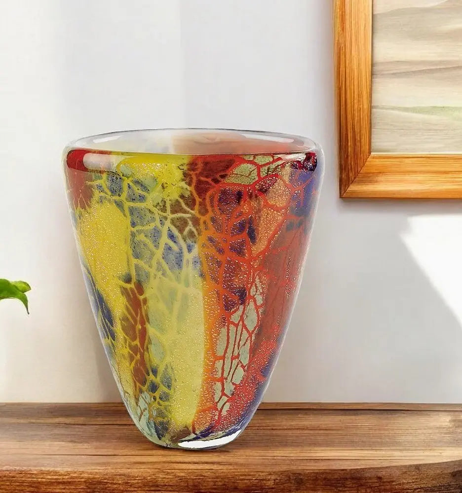 8" Orange Red and Yellow Murano Glass Abstract Oval Table Vase - NOBLE HOME INTERIORS
