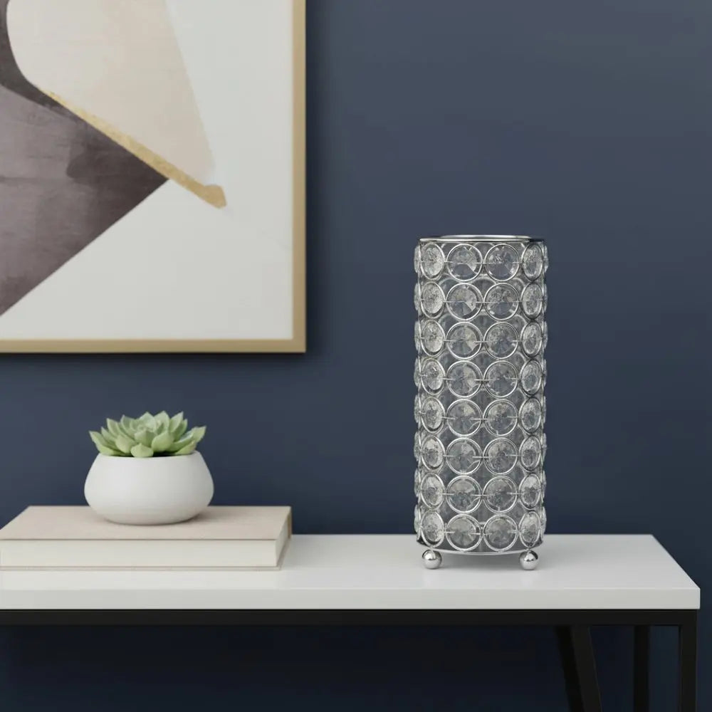 8" Silver And Clear Faux Crystal And Metal Cylinder Table Vase - NOBLE HOME INTERIORS