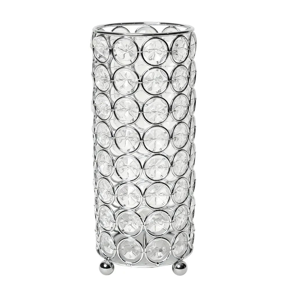 8" Silver And Clear Faux Crystal And Metal Cylinder Table Vase - NOBLE HOME INTERIORS