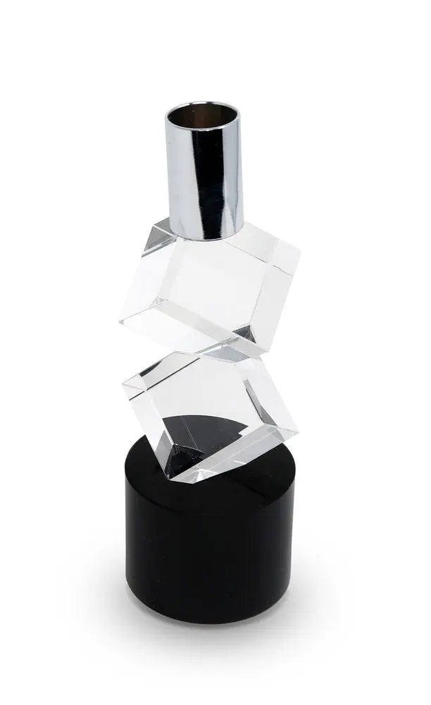 8" Silver Clear And Black Faceted Crystal Tabletop Taper Candlestick - NOBLE HOME INTERIORS