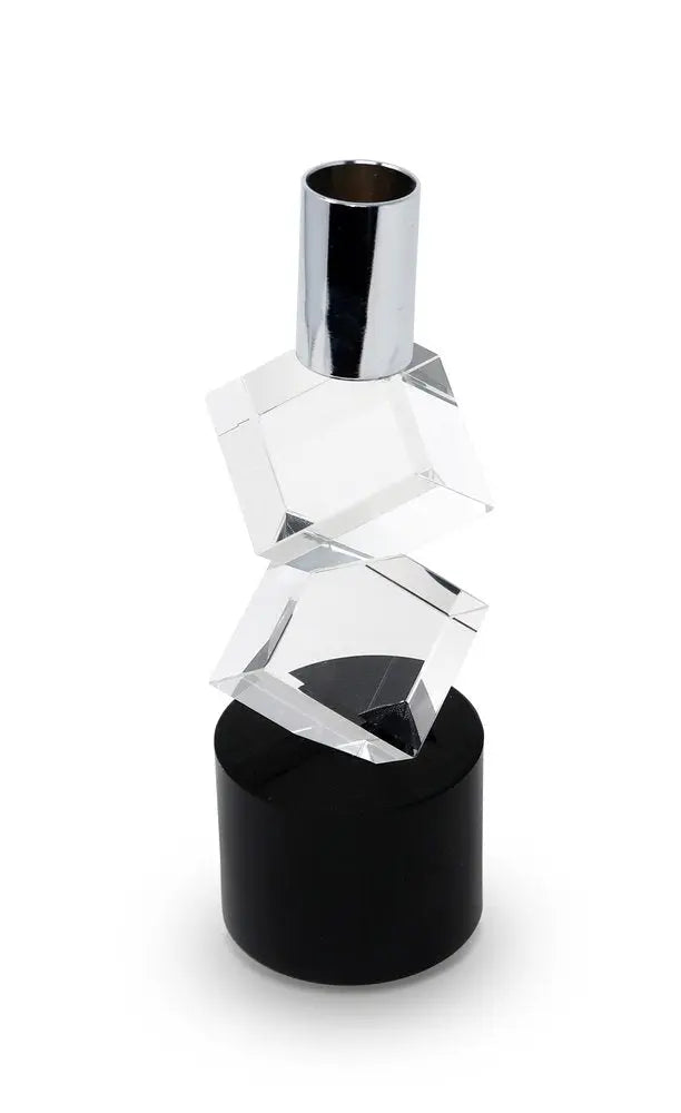 8" Silver Clear And Black Faceted Crystal Tabletop Taper Candlestick - NOBLE HOME INTERIORS