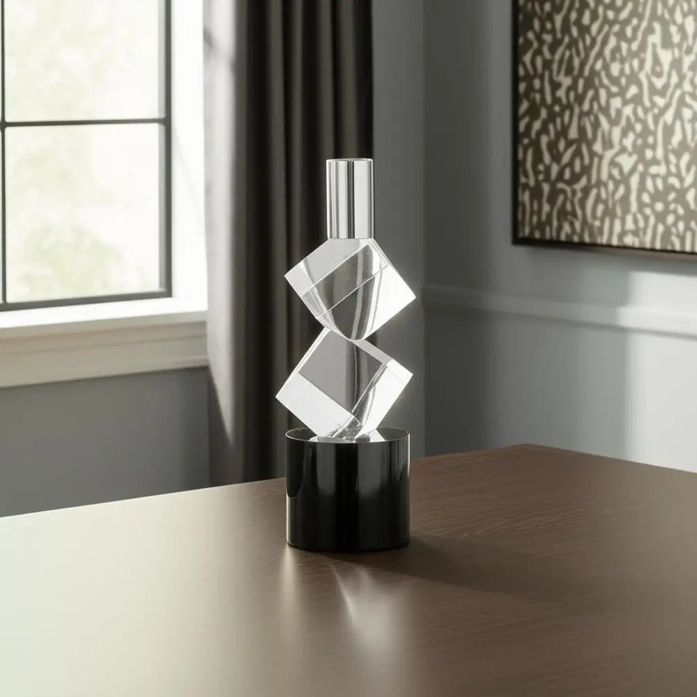 8" Silver Clear And Black Faceted Crystal Tabletop Taper Candlestick - NOBLE HOME INTERIORS