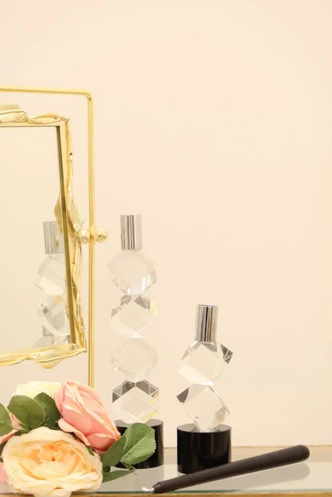 8" Silver Clear And Black Faceted Crystal Tabletop Taper Candlestick - NOBLE HOME INTERIORS