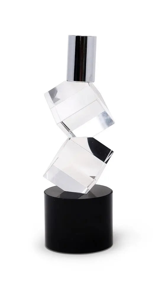 8" Silver Clear And Black Faceted Crystal Tabletop Taper Candlestick - NOBLE HOME INTERIORS