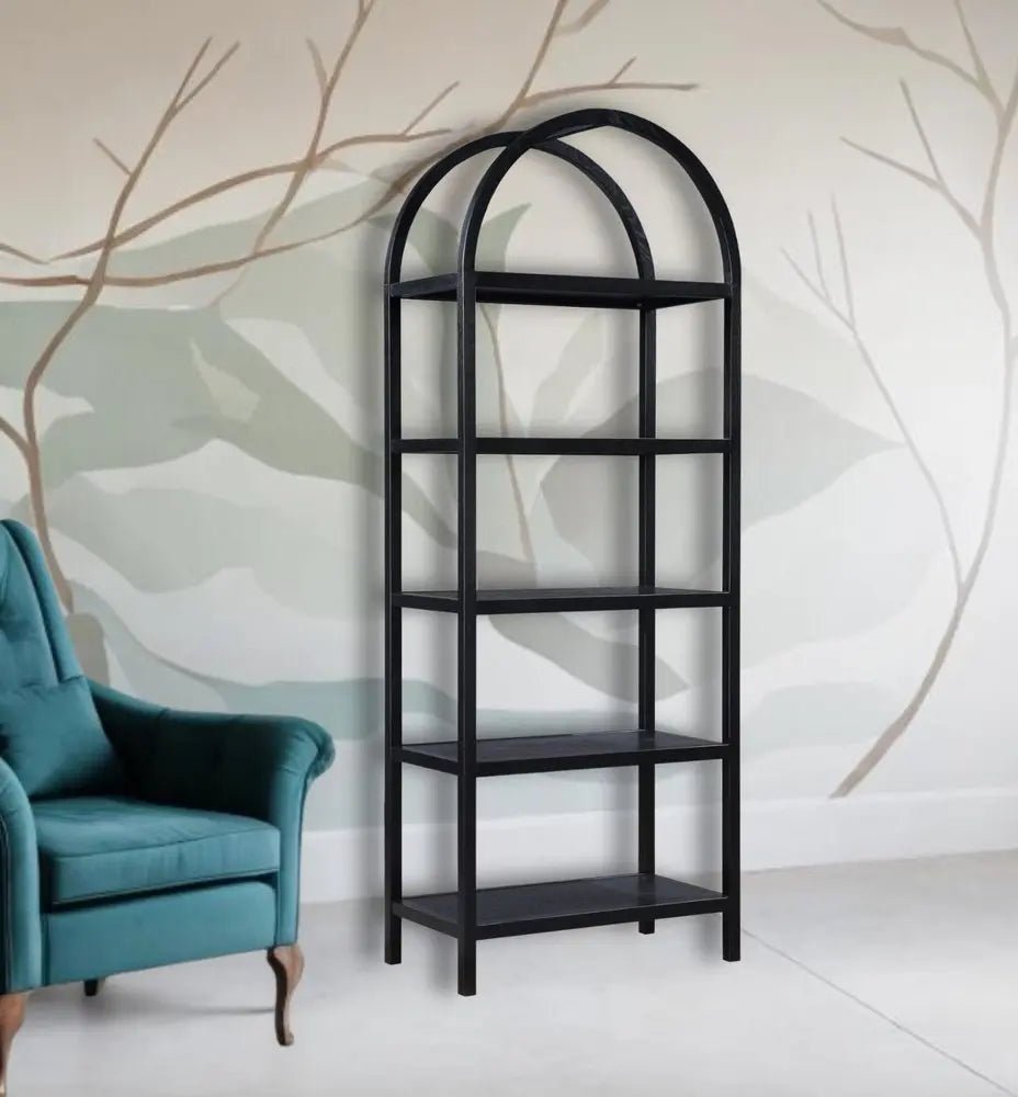 80" Black Oak Wood Five Tier Arched Top Bookcase HomeRoots