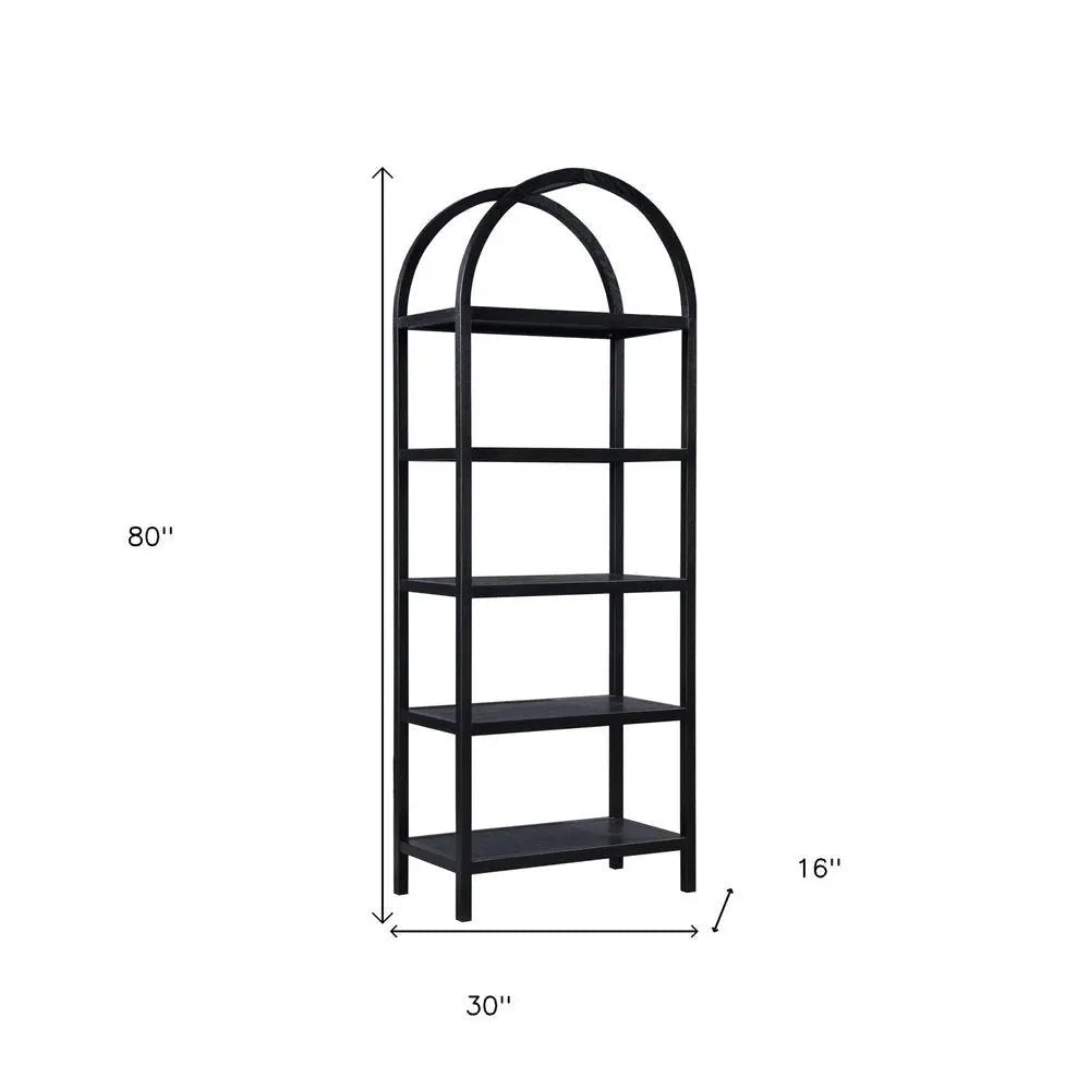 80" Black Oak Wood Five Tier Arched Top Bookcase HomeRoots