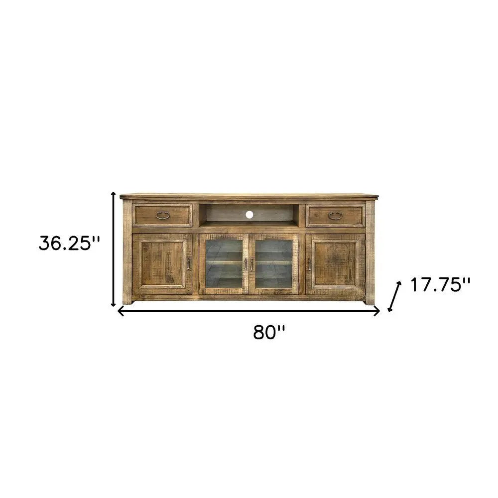 80" Brown Solid Wood Cabinet Enclosed Storage Distressed TV Stand - NOVA HOME FURNITURE