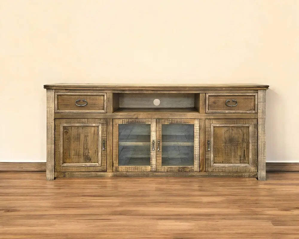 80" Brown Solid Wood Cabinet Enclosed Storage Distressed TV Stand - NOVA HOME FURNITURE