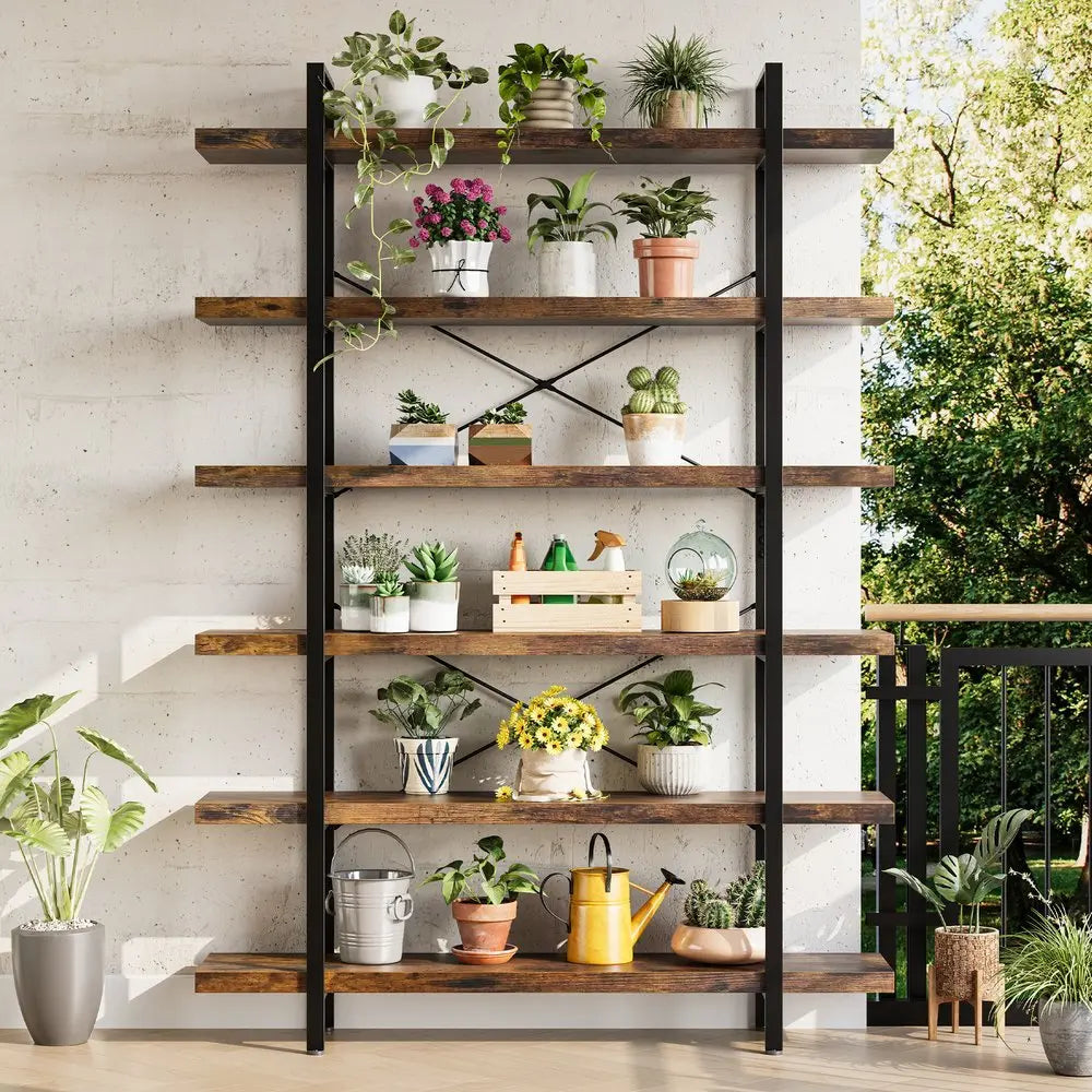 80" Brown Wood Six Tier Etagere Bookcase - NOBLE HOME INTERIORS