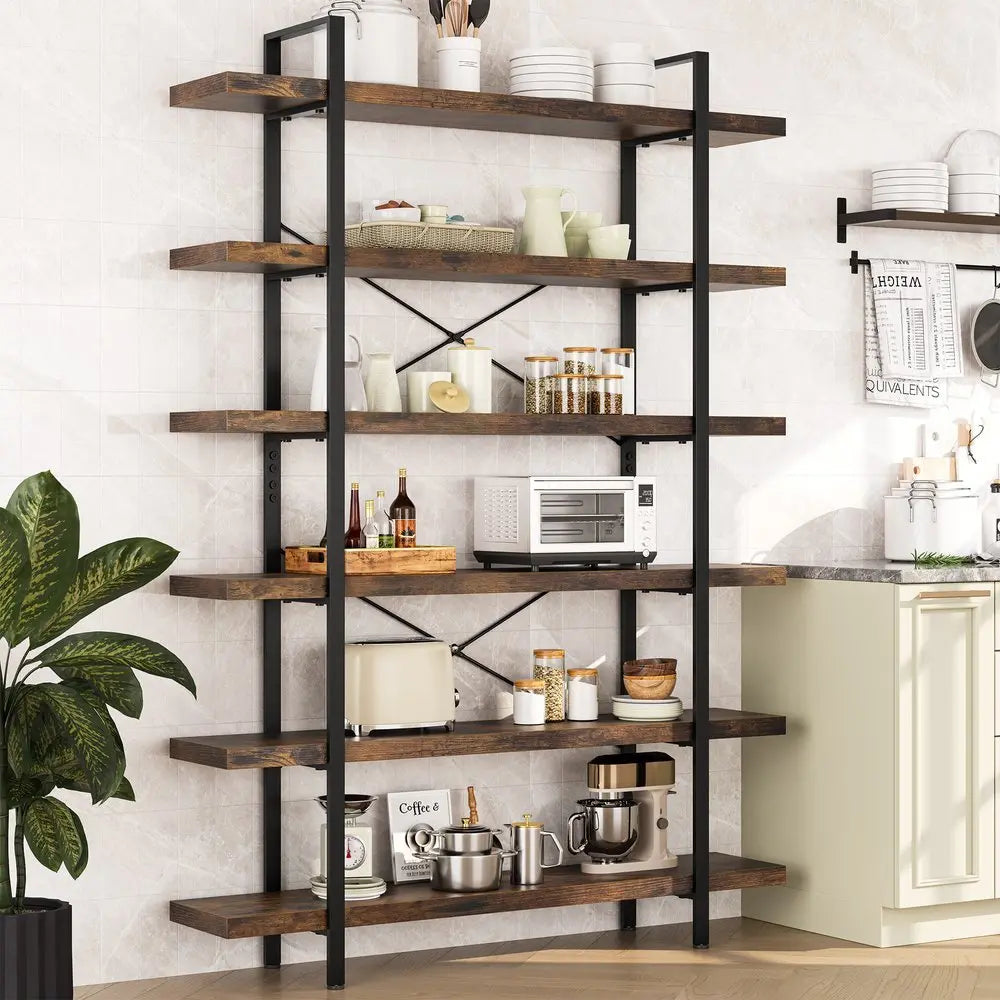 80" Brown Wood Six Tier Etagere Bookcase - NOBLE HOME INTERIORS