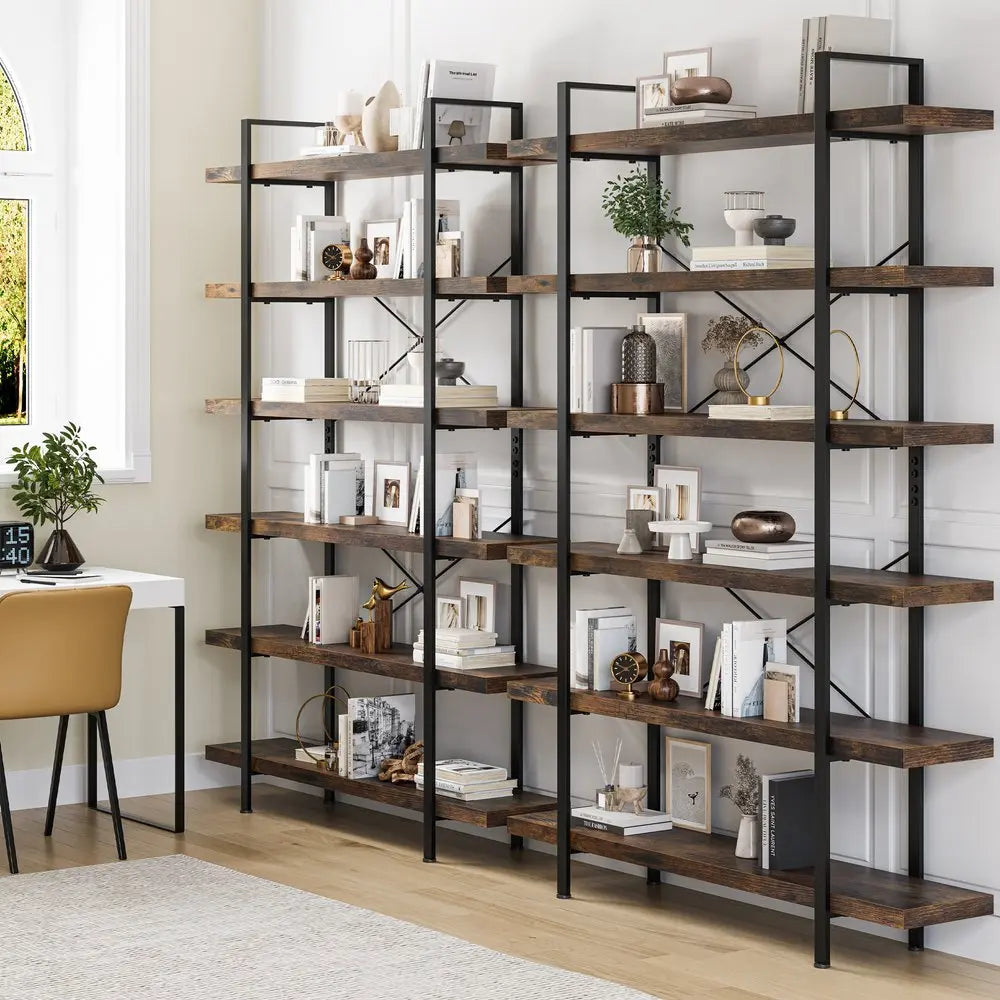 80" Brown Wood Six Tier Etagere Bookcase - NOBLE HOME INTERIORS