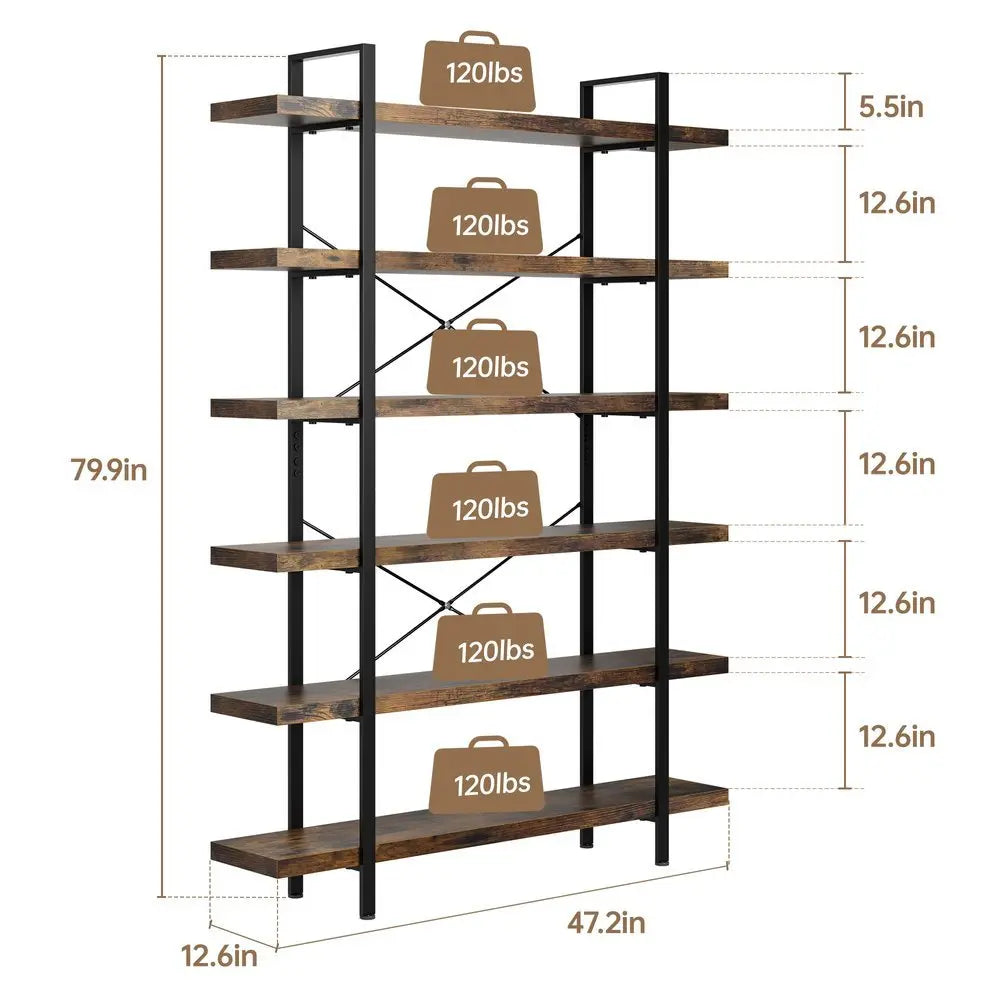 80" Brown Wood Six Tier Etagere Bookcase - NOBLE HOME INTERIORS