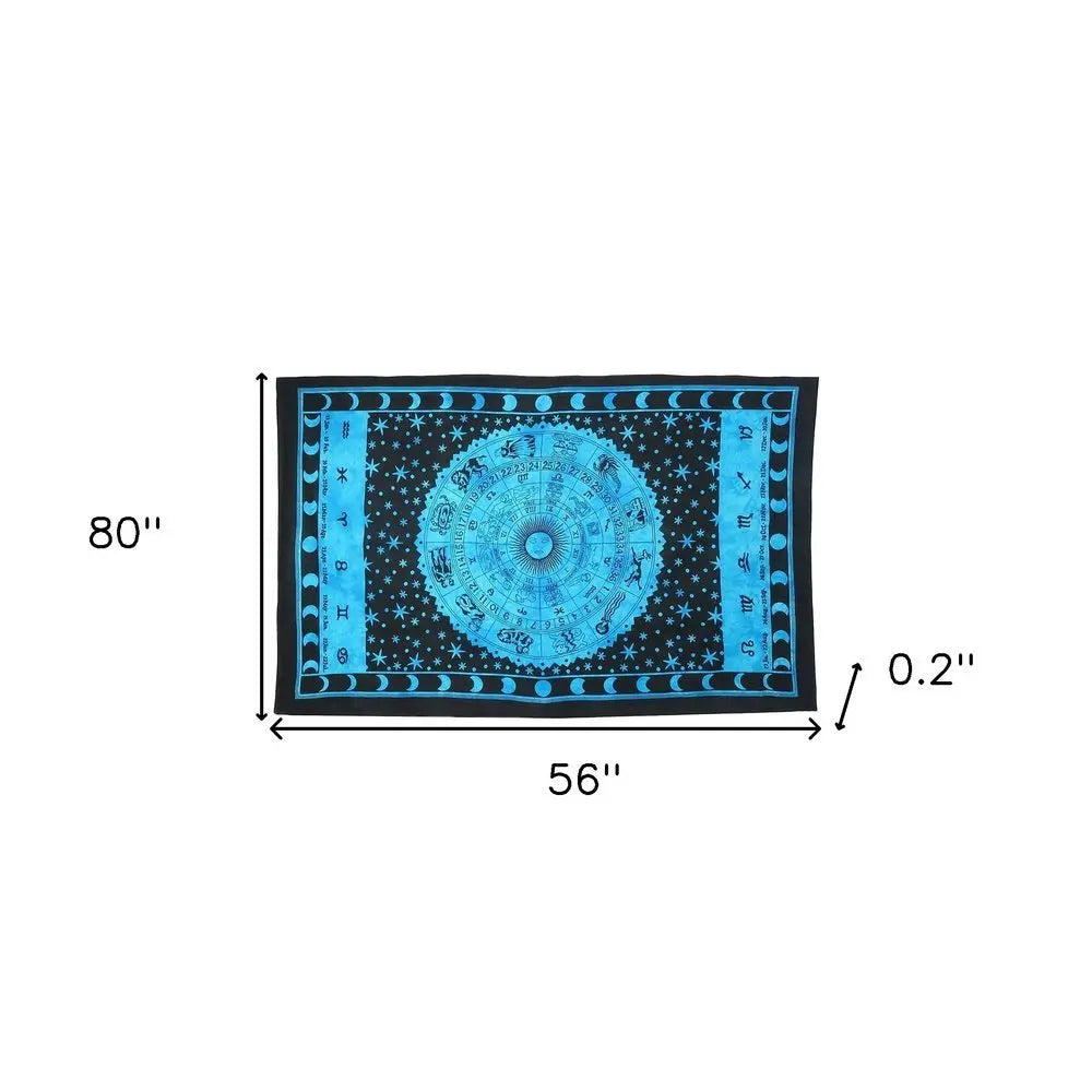 80" X 56" Black And Blue Cotton Hanging Tapestry - NOBLE HOME INTERIORS