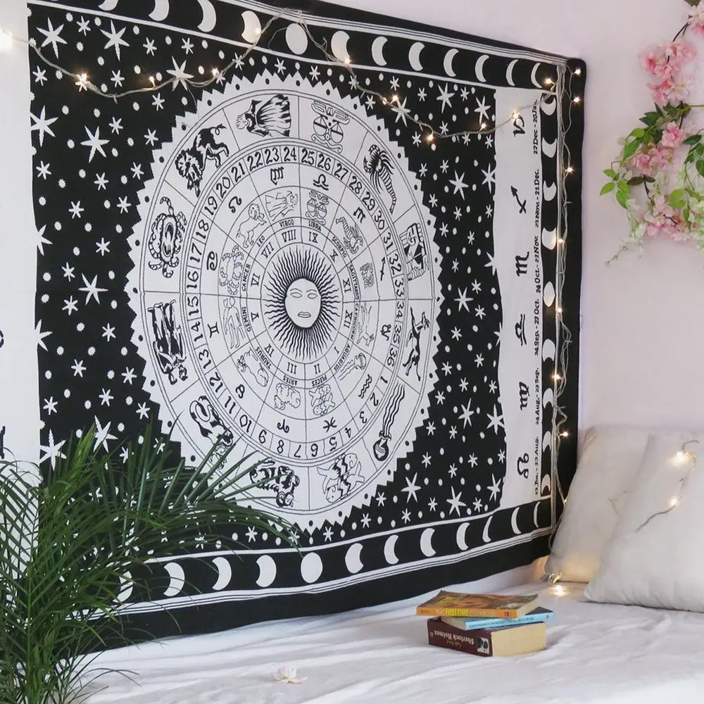 80" X 56" Black And White Cotton Hanging Tapestry - NOBLE HOME INTERIORS