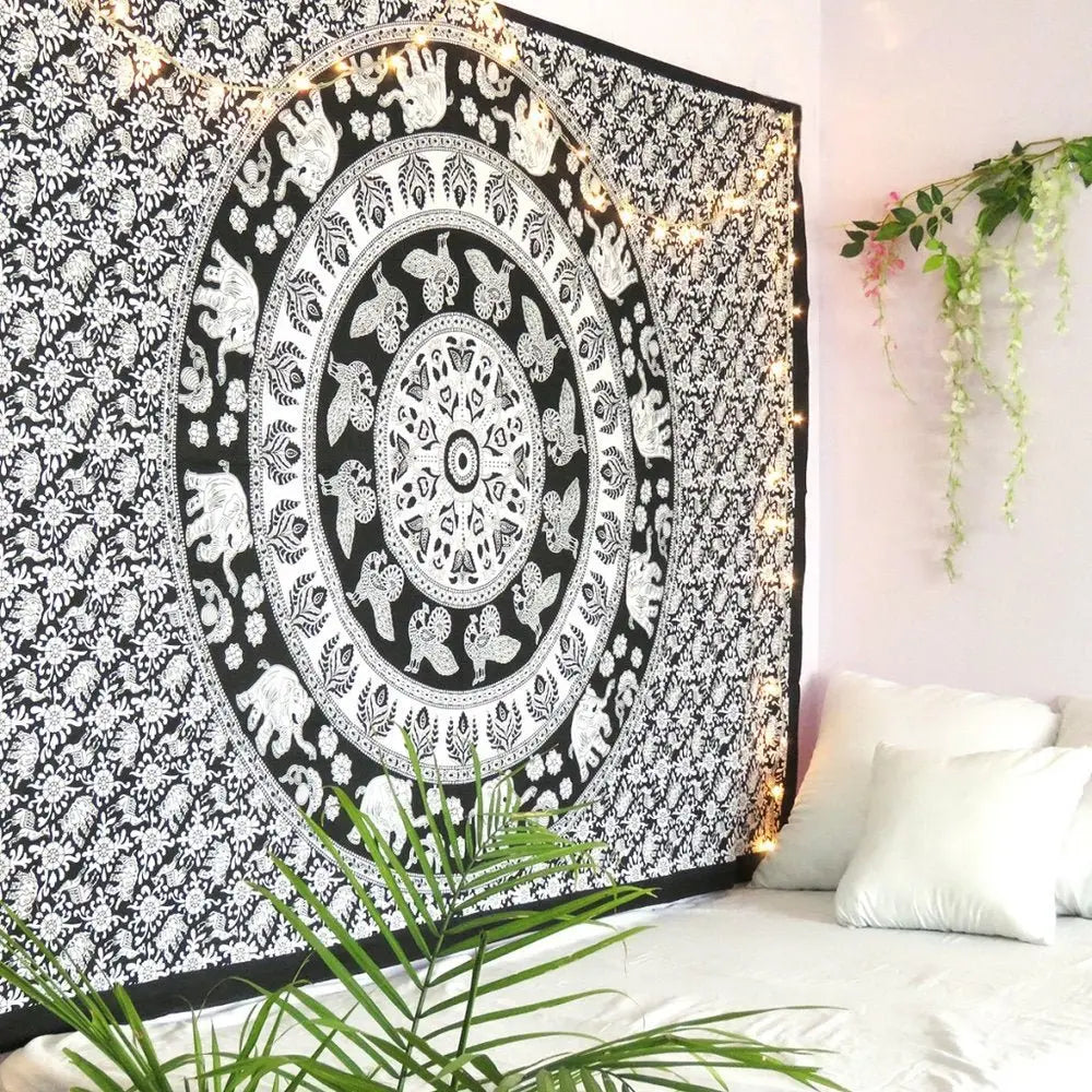 80" X 56" Black And White Mandala Cotton Hanging Tapestry - NOBLE HOME INTERIORS