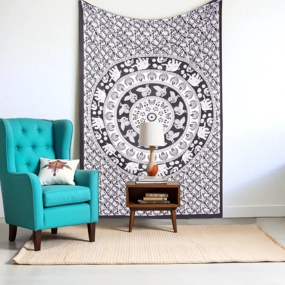 80" X 56" Black And White Mandala Cotton Hanging Tapestry - NOBLE HOME INTERIORS