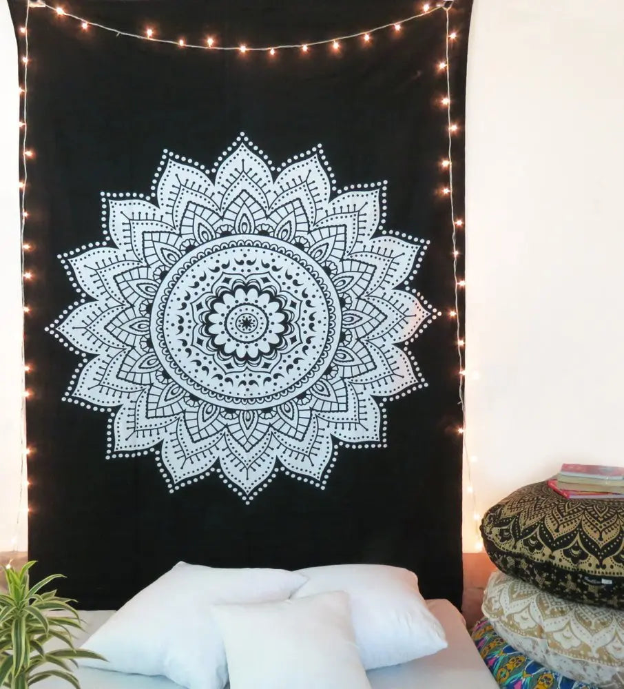 80" X 56" Black And White Mandala Cotton Hanging Tapestry - NOBLE HOME INTERIORS