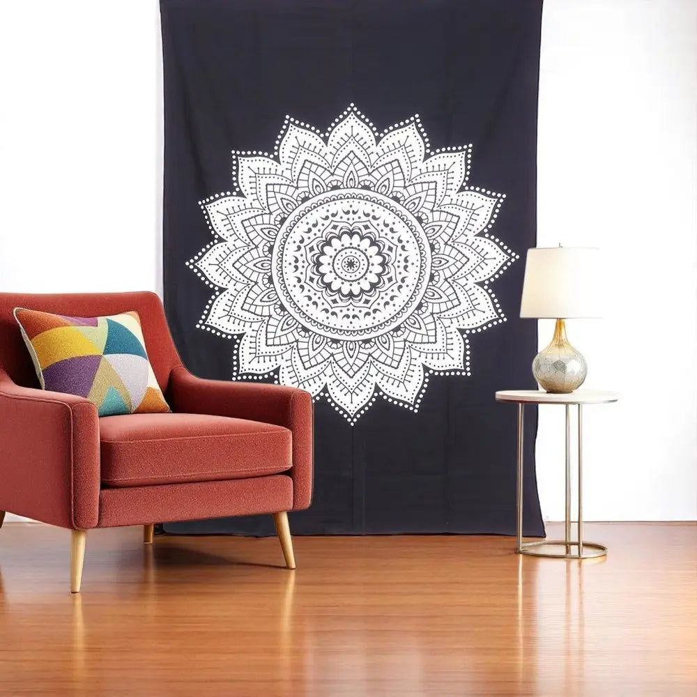 80" X 56" Black And White Mandala Cotton Hanging Tapestry - NOBLE HOME INTERIORS