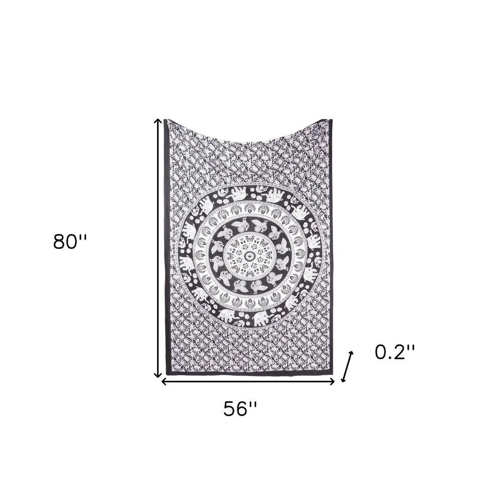 80" X 56" Black And White Mandala Cotton Hanging Tapestry - NOBLE HOME INTERIORS