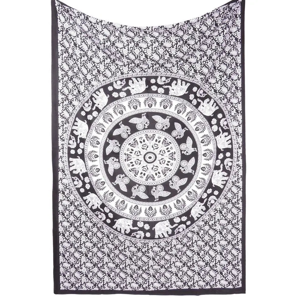 80" X 56" Black And White Mandala Cotton Hanging Tapestry - NOBLE HOME INTERIORS