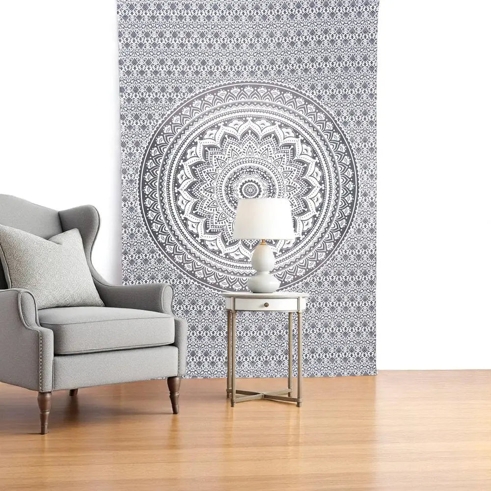 80" X 56" Black And White Mandala Cotton Hanging Tapestry - NOBLE HOME INTERIORS