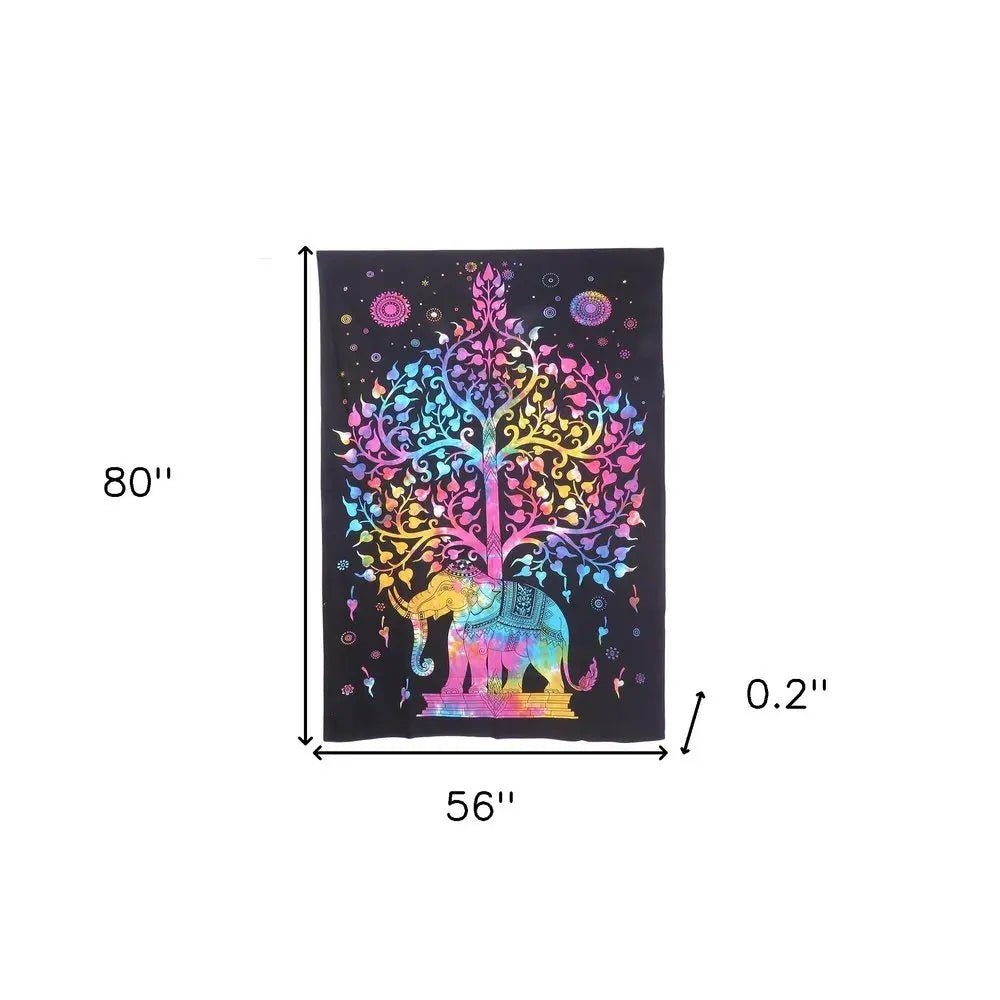 80" X 56" Black Pink And Yellow Elephant Mandala Cotton Hanging Tapestry - NOBLE HOME INTERIORS