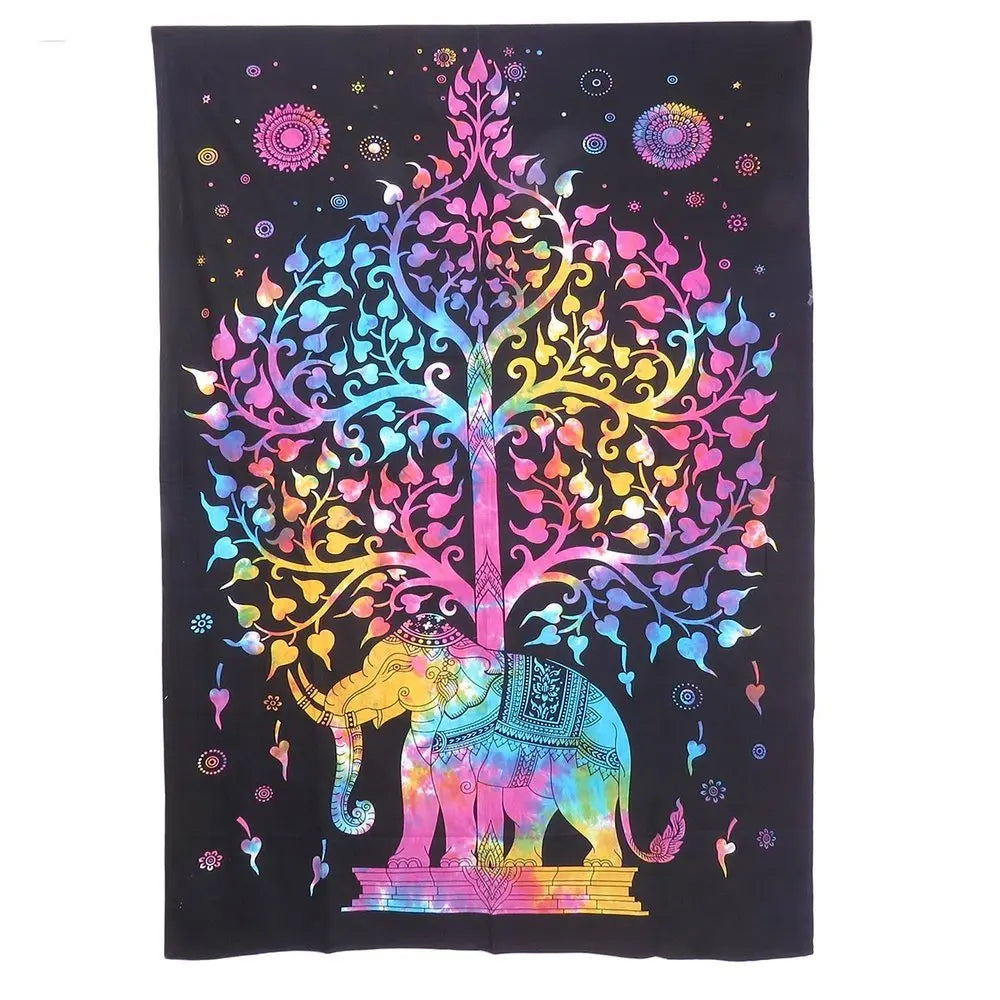 80" X 56" Black Pink And Yellow Elephant Mandala Cotton Hanging Tapestry - NOBLE HOME INTERIORS