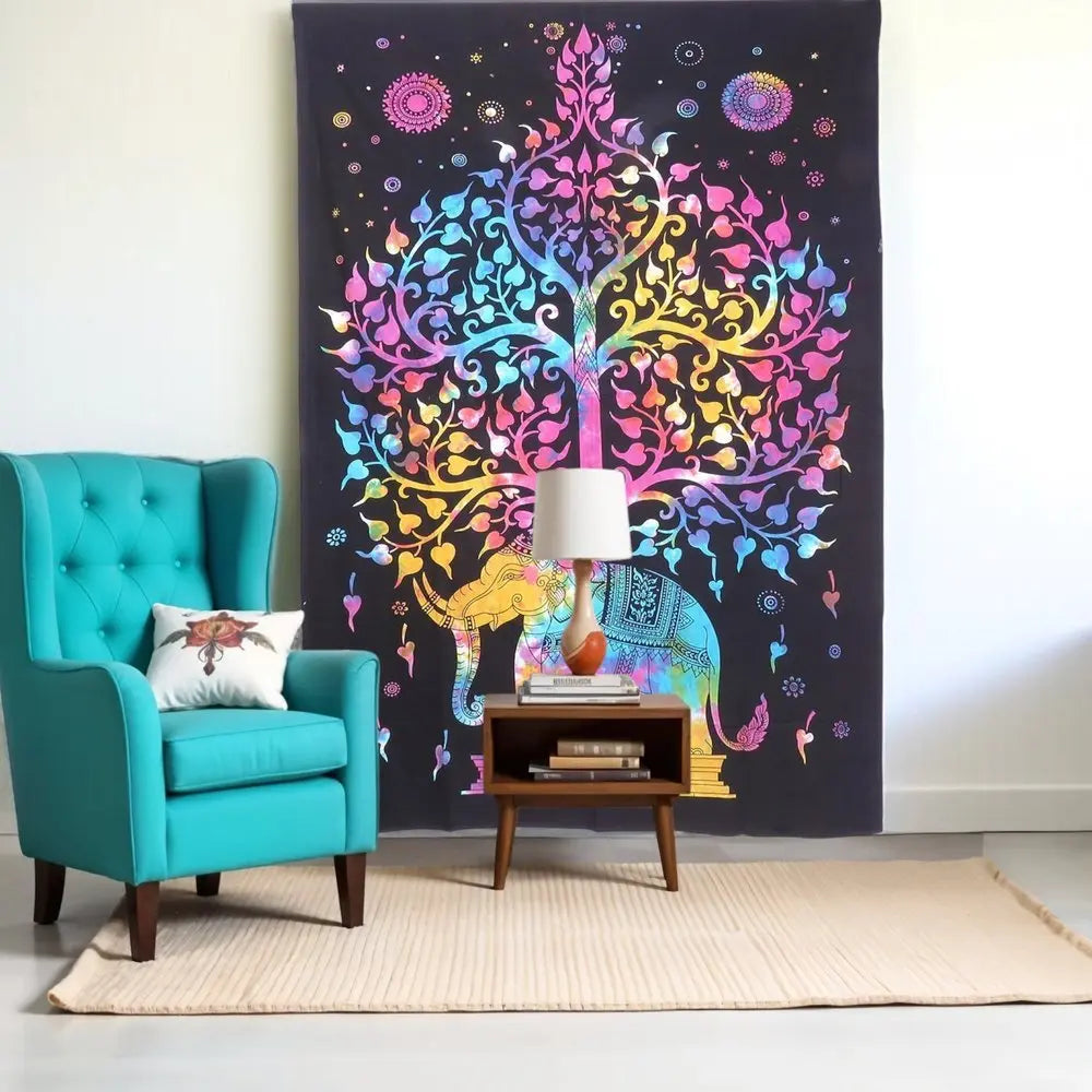 80" X 56" Black Pink And Yellow Elephant Mandala Cotton Hanging Tapestry - NOBLE HOME INTERIORS