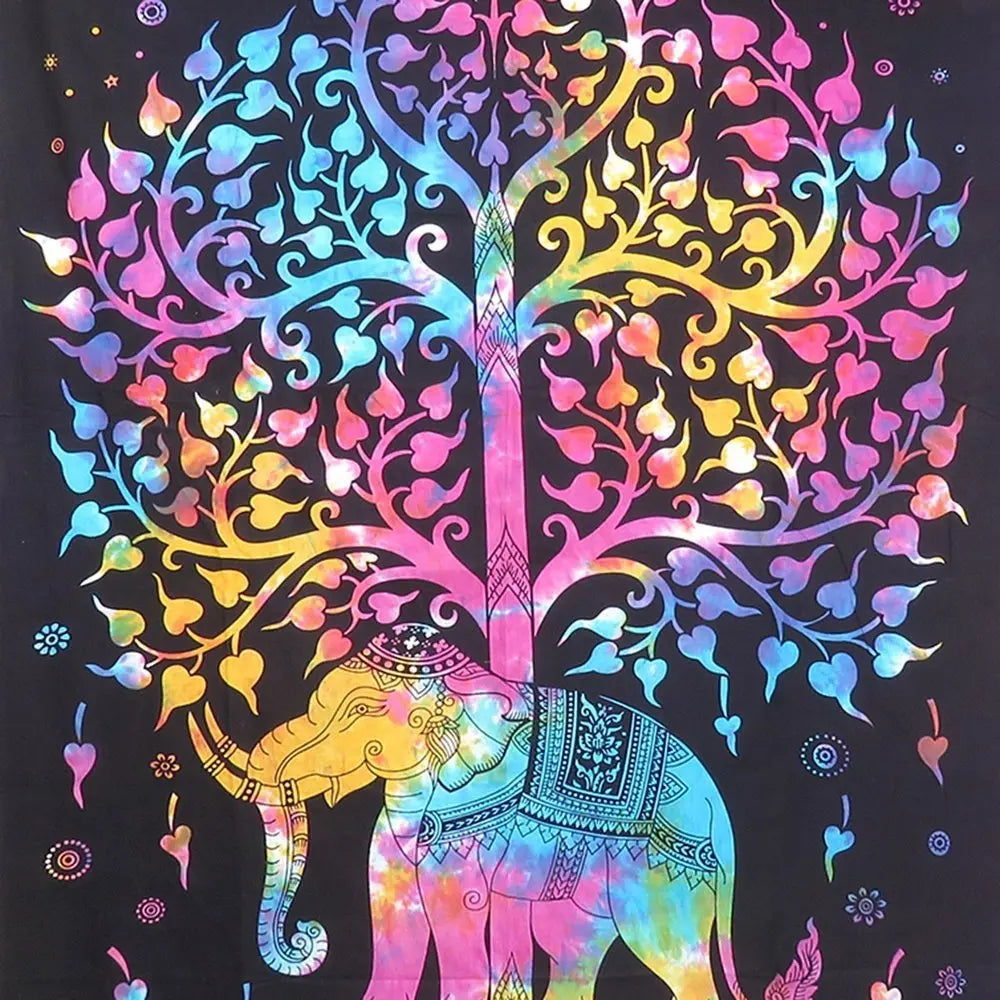 80" X 56" Black Pink And Yellow Elephant Mandala Cotton Hanging Tapestry - NOBLE HOME INTERIORS