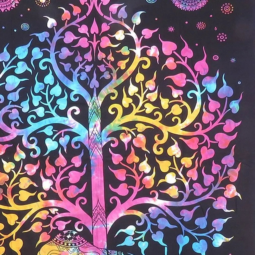 80" X 56" Black Pink And Yellow Elephant Mandala Cotton Hanging Tapestry - NOBLE HOME INTERIORS