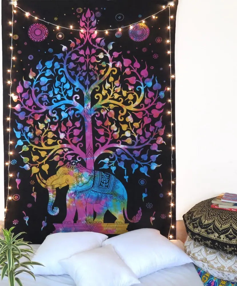 80" X 56" Black Pink And Yellow Elephant Mandala Cotton Hanging Tapestry - NOBLE HOME INTERIORS