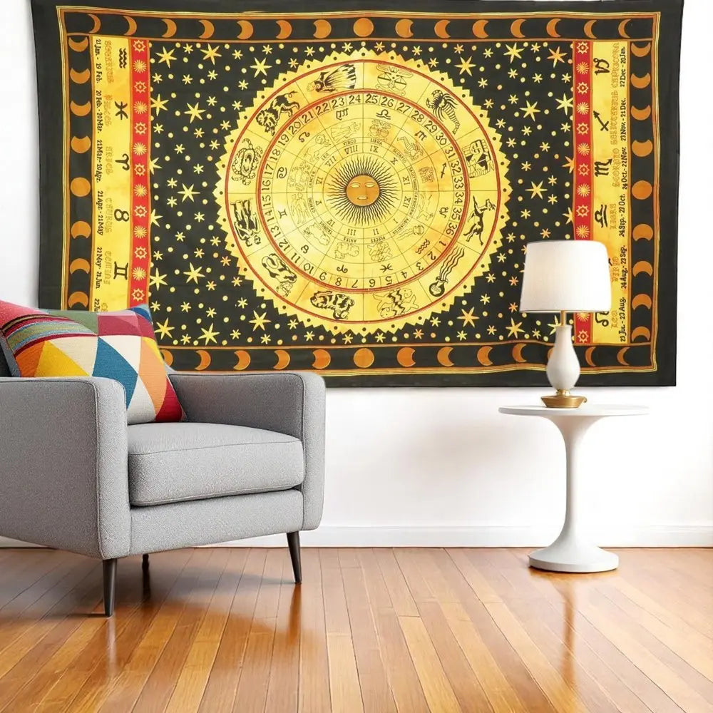 80" X 56" Black Red And Yellow Cotton Hanging Tapestry - NOBLE HOME INTERIORS