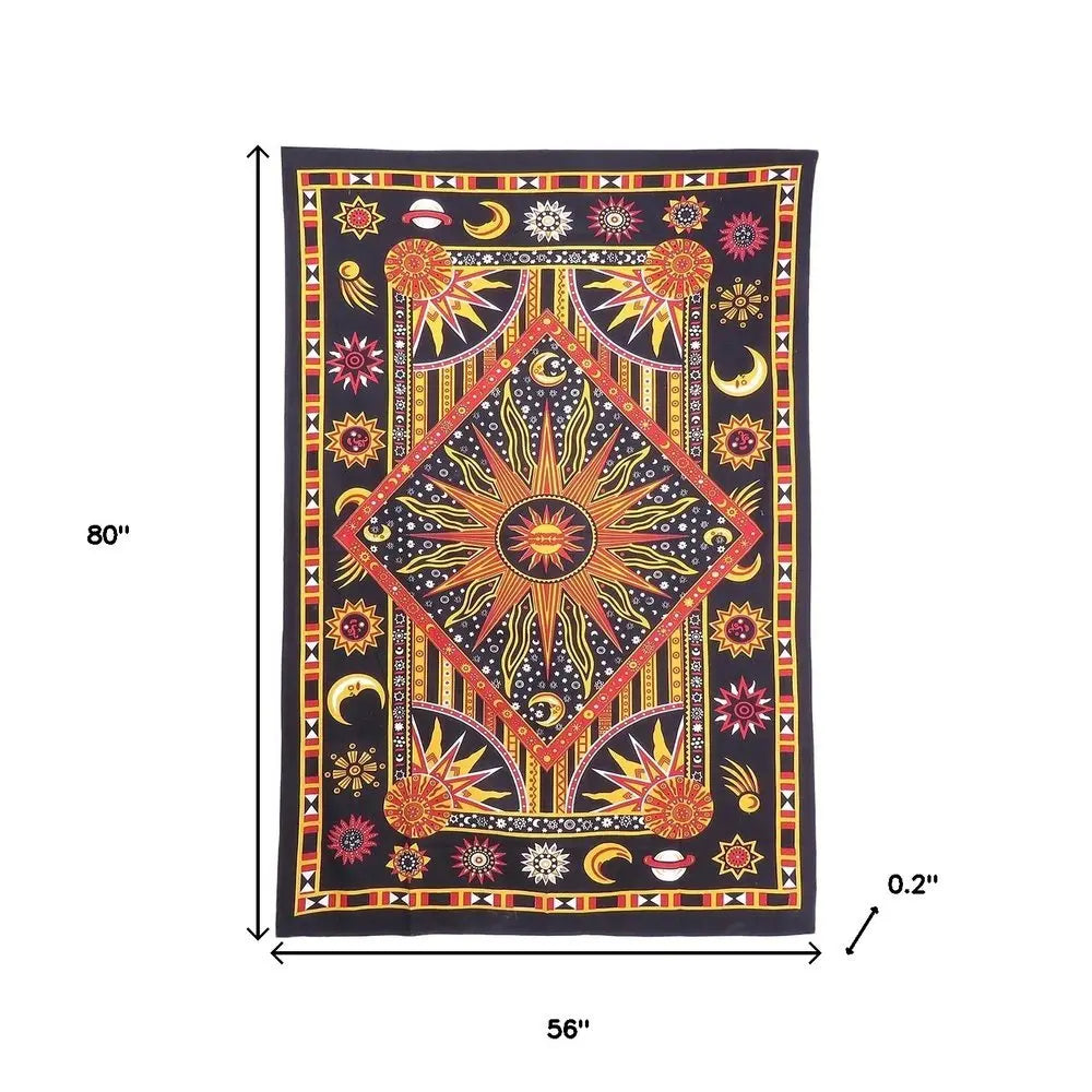 80" X 56" Black Red And Yellow Cotton Star and Sunburst Hanging Tapestry - NOBLE HOME INTERIORS
