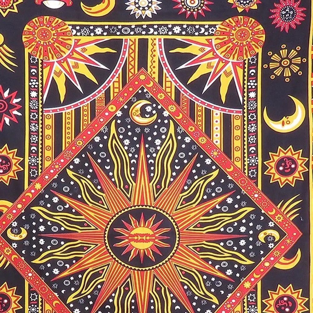 80" X 56" Black Red And Yellow Cotton Star and Sunburst Hanging Tapestry - NOBLE HOME INTERIORS